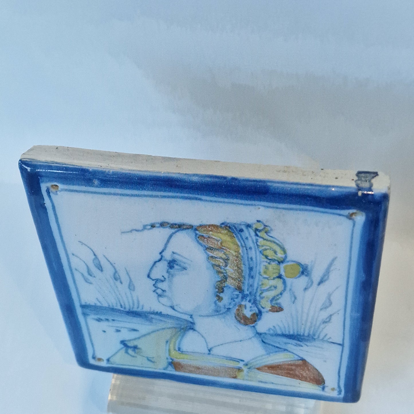 Polychrome Portrait Tile, Italian Antwerp Style, Rare Collector Item (13 x 13 cm)
