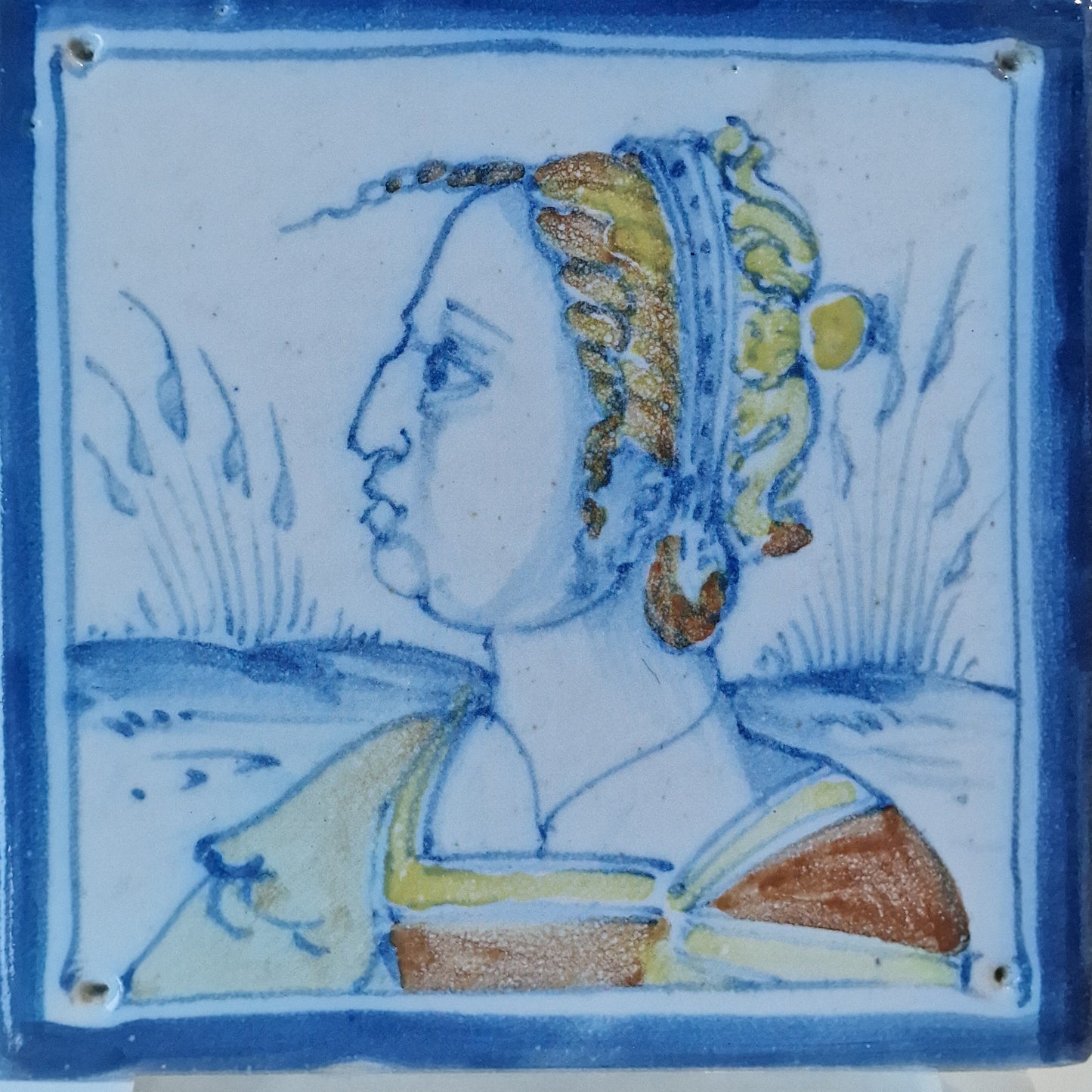 Polychrome Portrait Tile, Italian Antwerp Style, Rare Collector Item (13 x 13 cm)