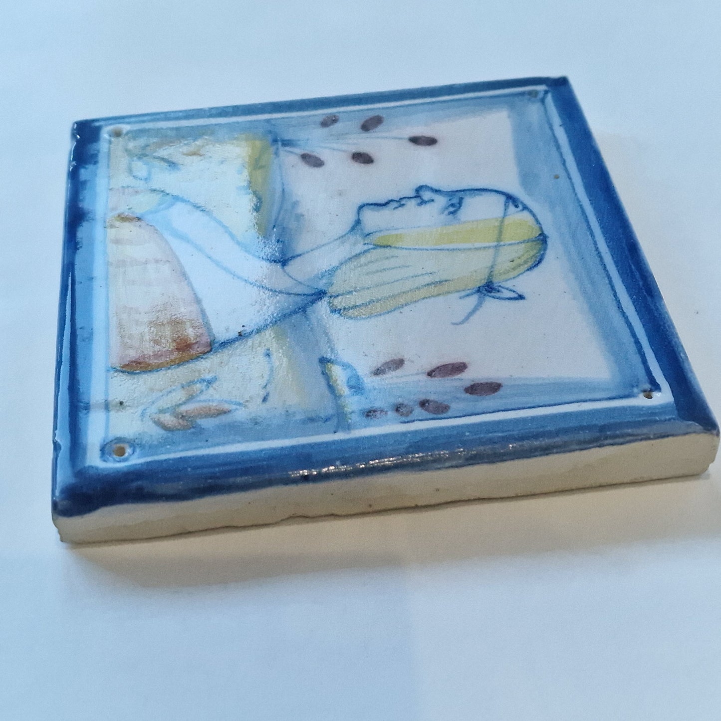 Italian Pottery Tile, Guido di Safino Style, Polychrome Collectible (13x13 cm)