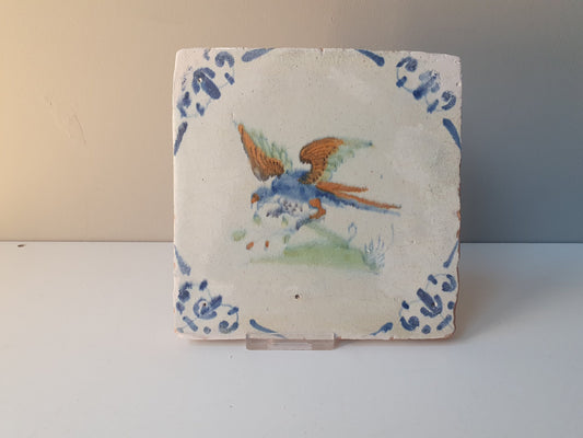 Antique Delft Tile – Polychrome Bird, Leaf Motifs, c.1630
