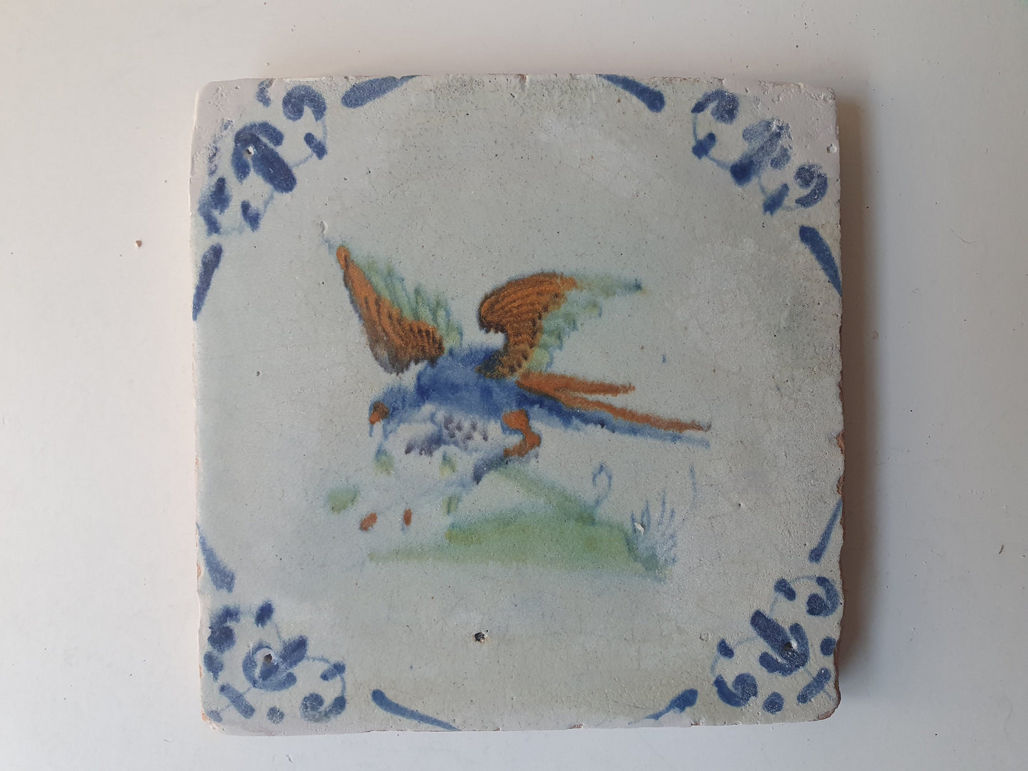 Antique Delft Tile – Polychrome Bird, Leaf Motifs, c.1630