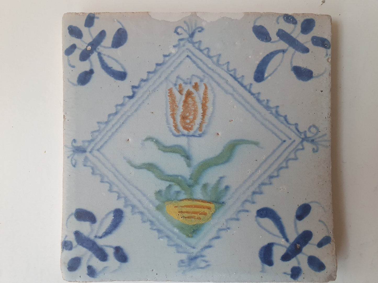 Antique Dutch Tile, Tulip Design, Polychrome Majolica, 1640