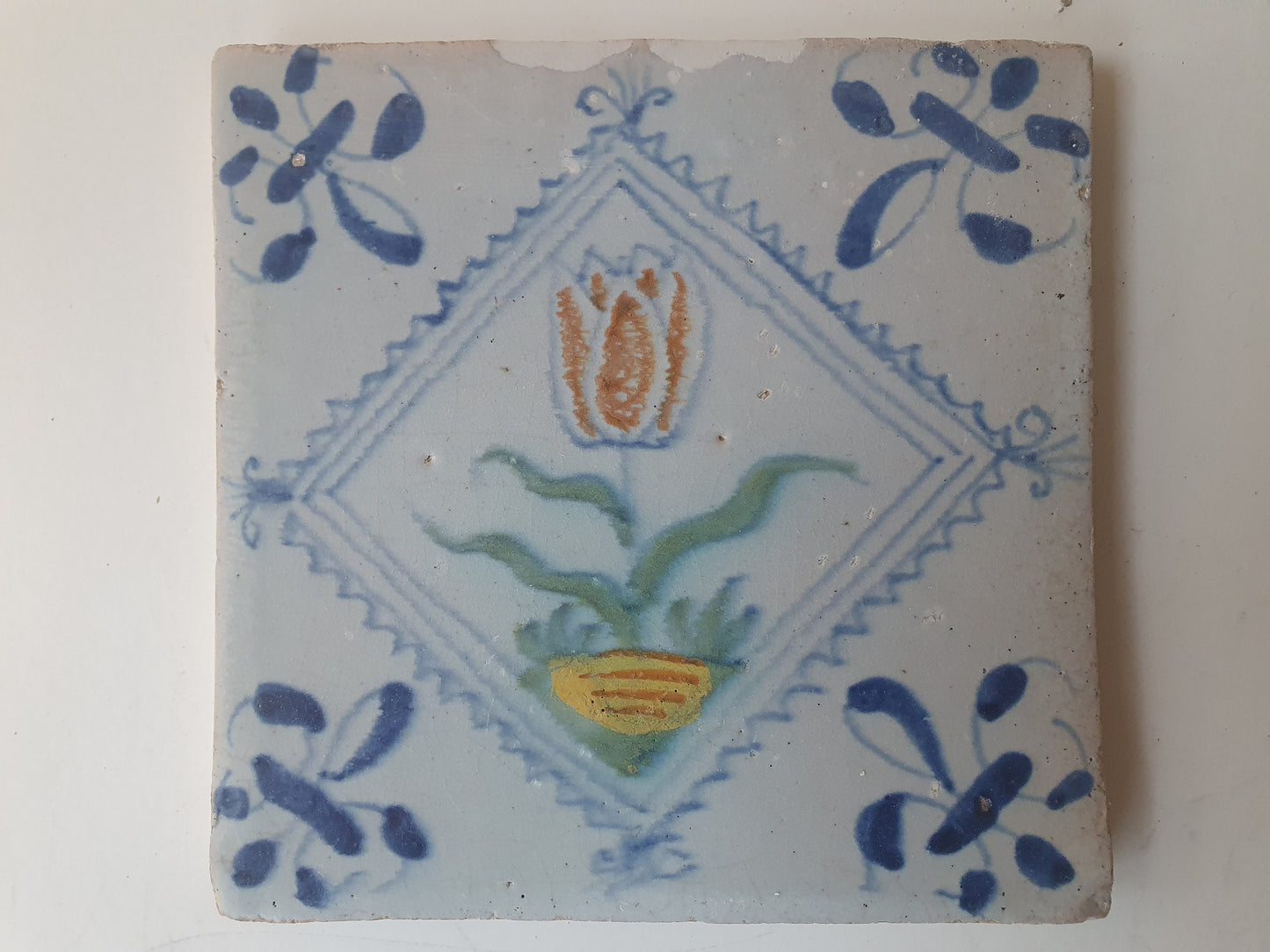 Antique Dutch Tile, Tulip Design, Polychrome Majolica, 1640
