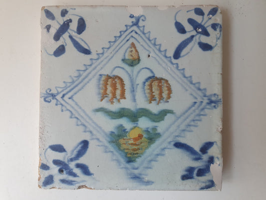 Antique Dutch Delft Tile – 17th Century Polychrome Floral