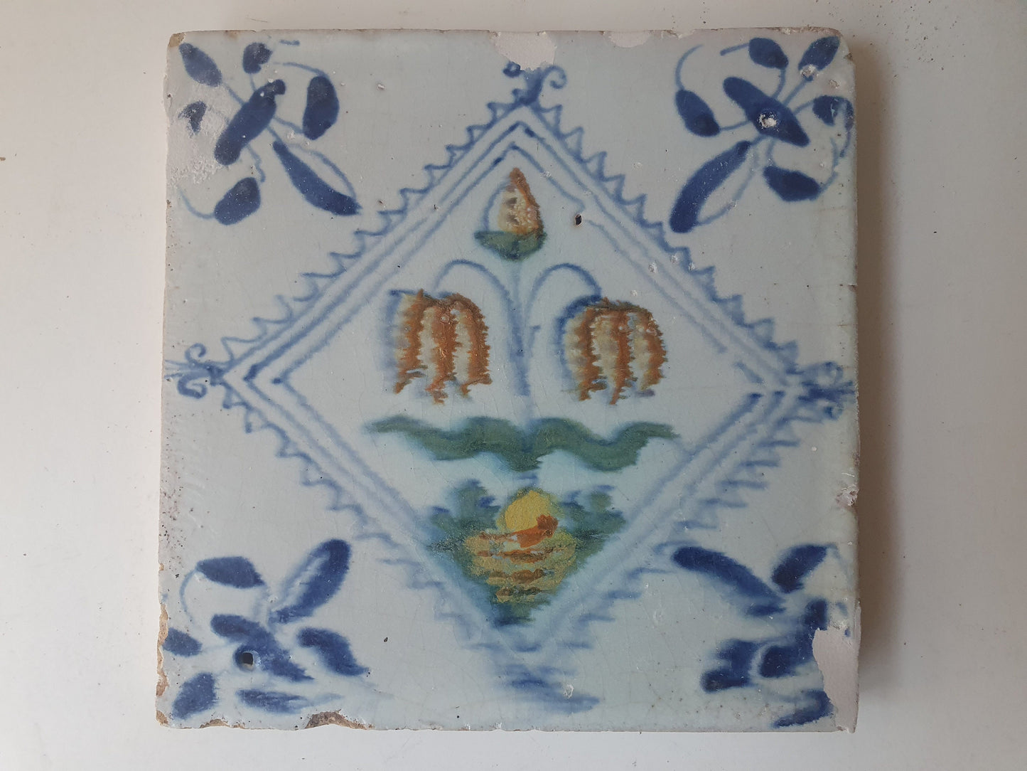 Antique Dutch Delft Tile – 17th Century Polychrome Floral