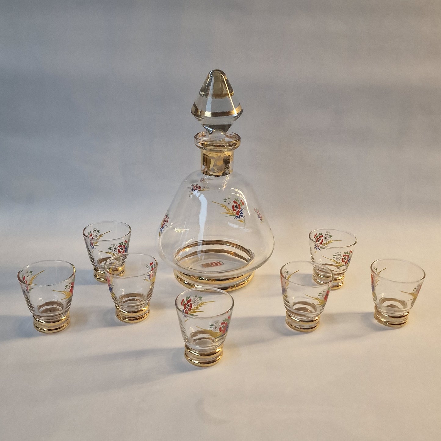Monaco Gold Crystal Liqueur Set, Floral Decanter & 7 Glasses