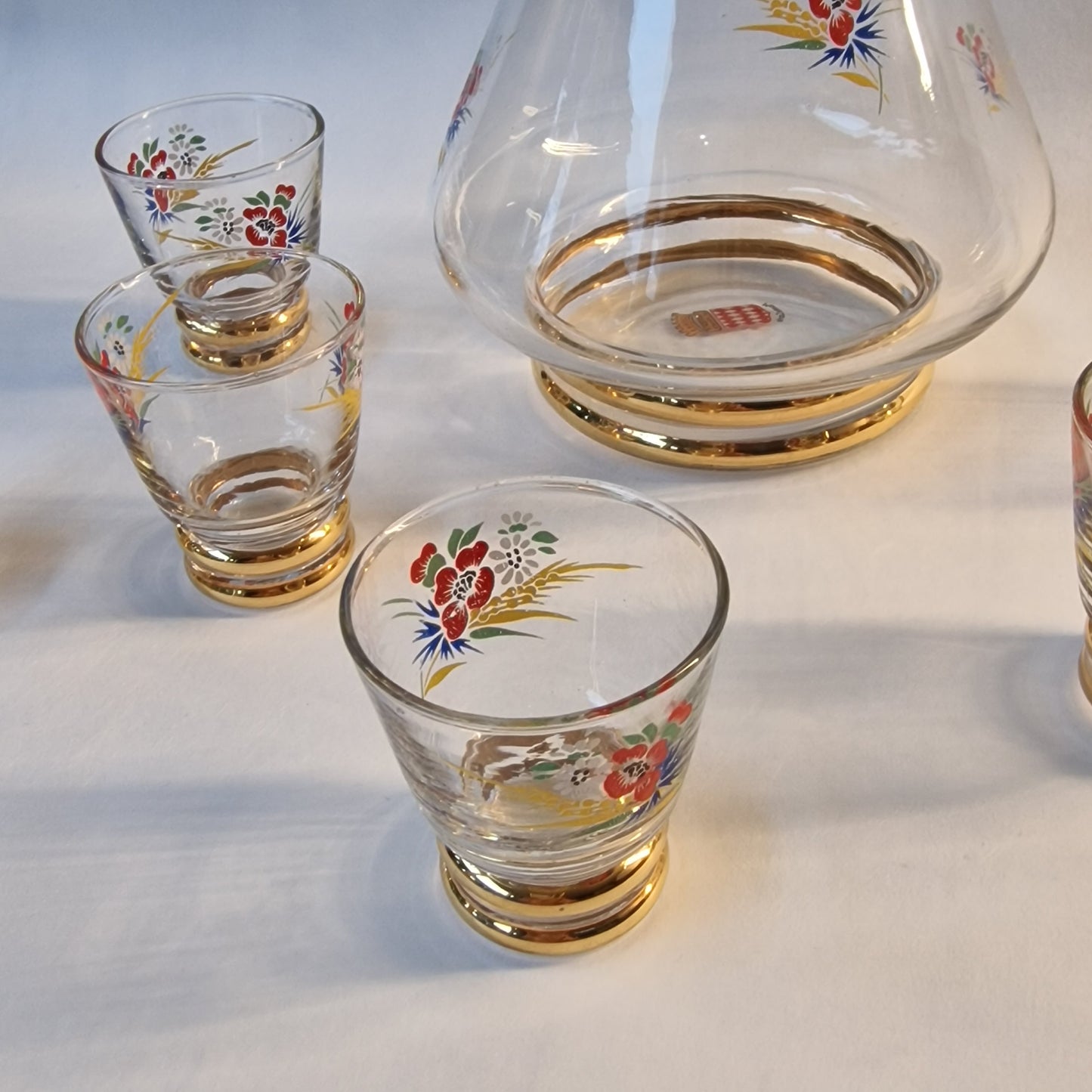 Monaco Gold Crystal Liqueur Set, Floral Decanter & 7 Glasses
