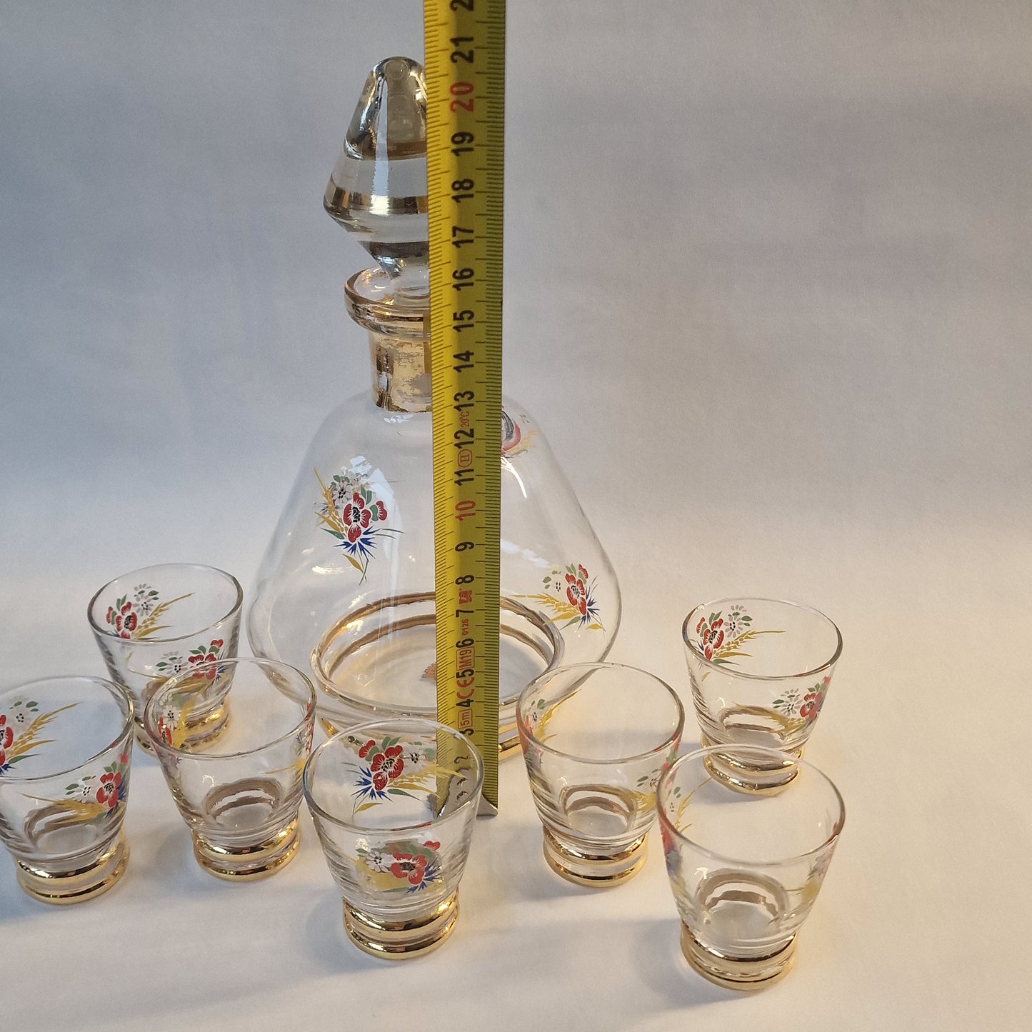 Monaco Gold Crystal Liqueur Set, Floral Decanter & 7 Glasses