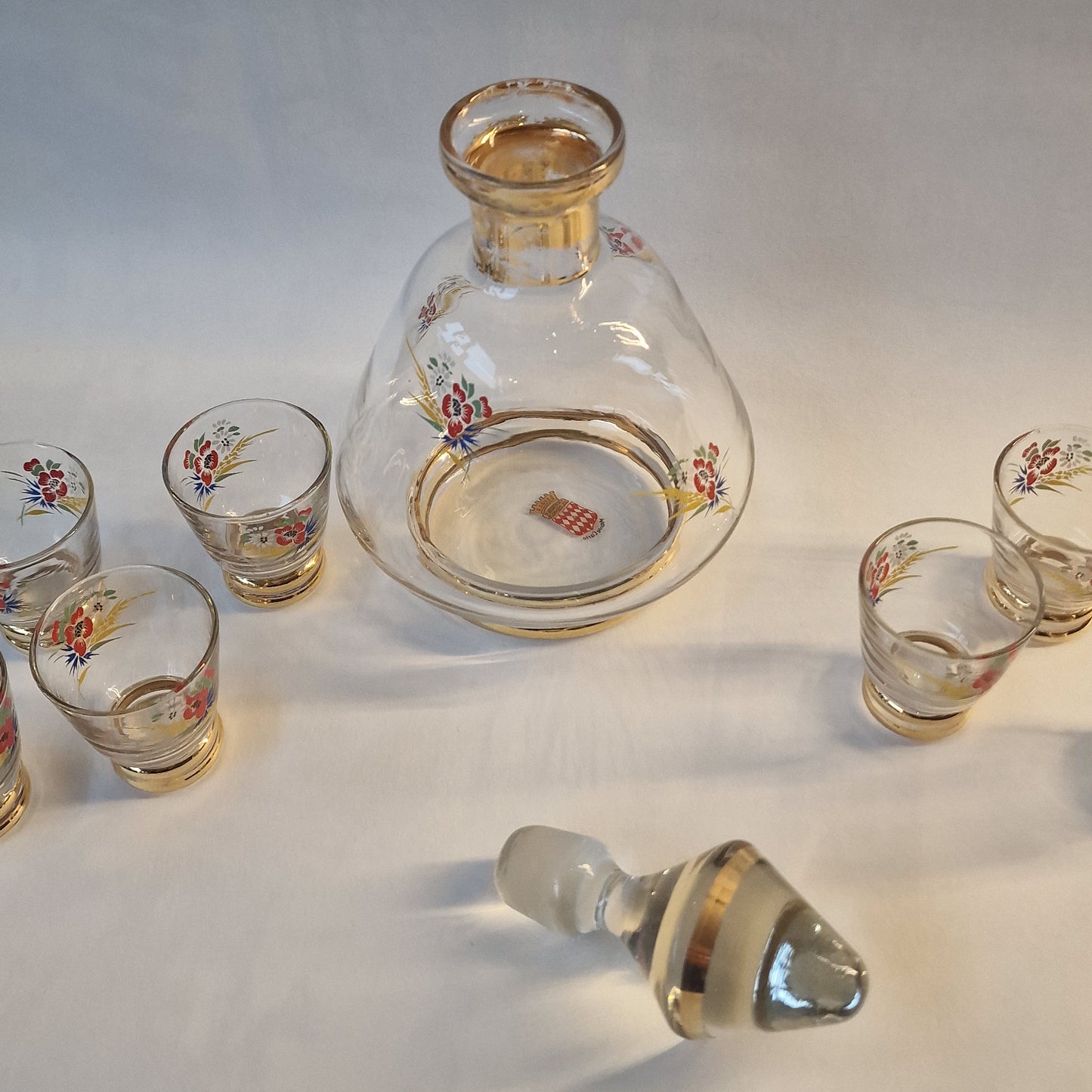 Monaco Gold Crystal Liqueur Set, Floral Decanter & 7 Glasses