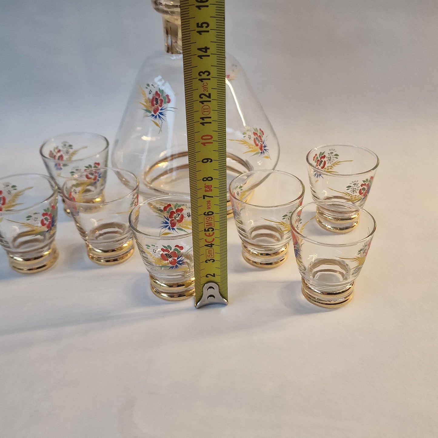 Monaco Gold Crystal Liqueur Set, Floral Decanter & 7 Glasses