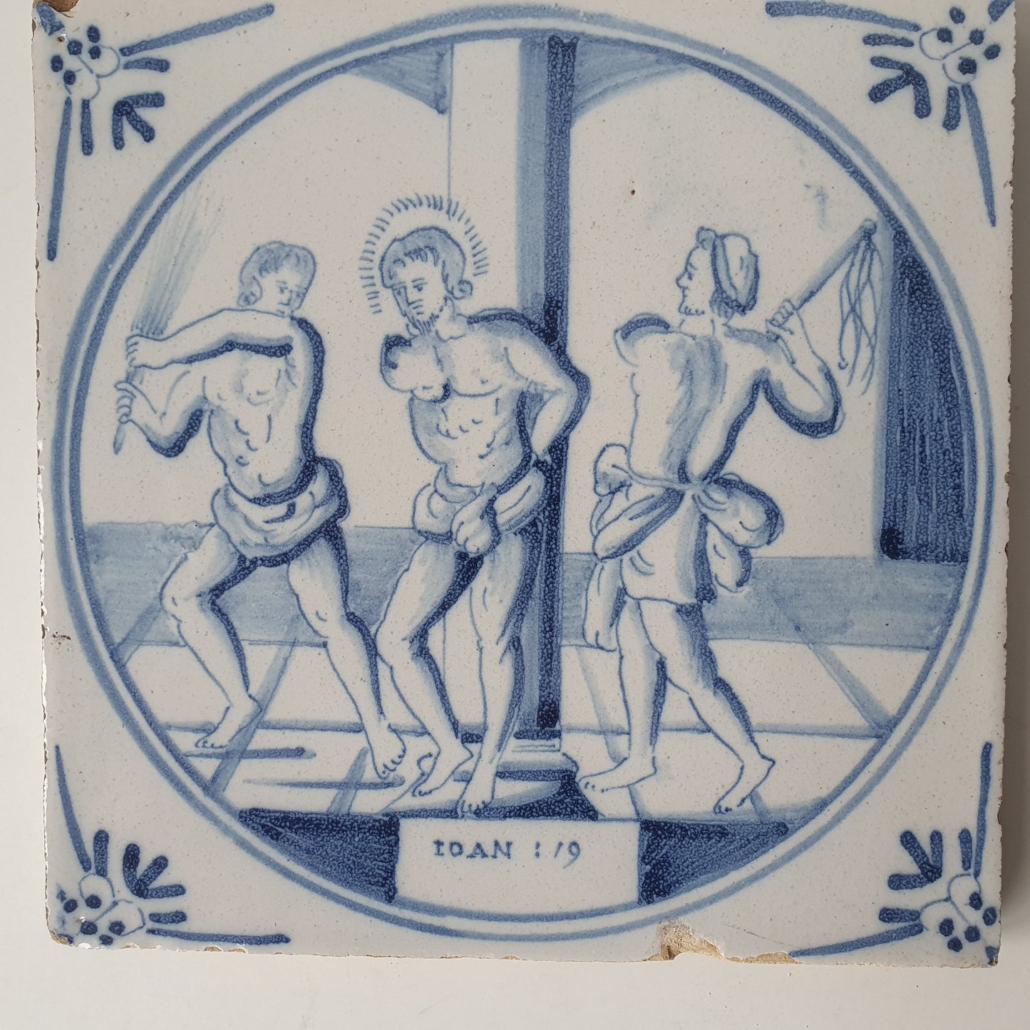 Antique Delft Blue Tile, Biblical Scene, Oxhead Corner Motif, 1840