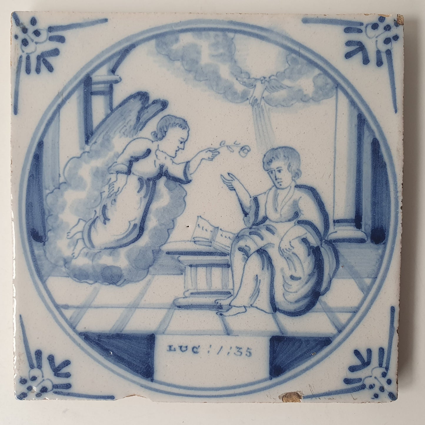 Antique Delft Blue Tile, Biblical Scene, Ox Head Corner Motif
