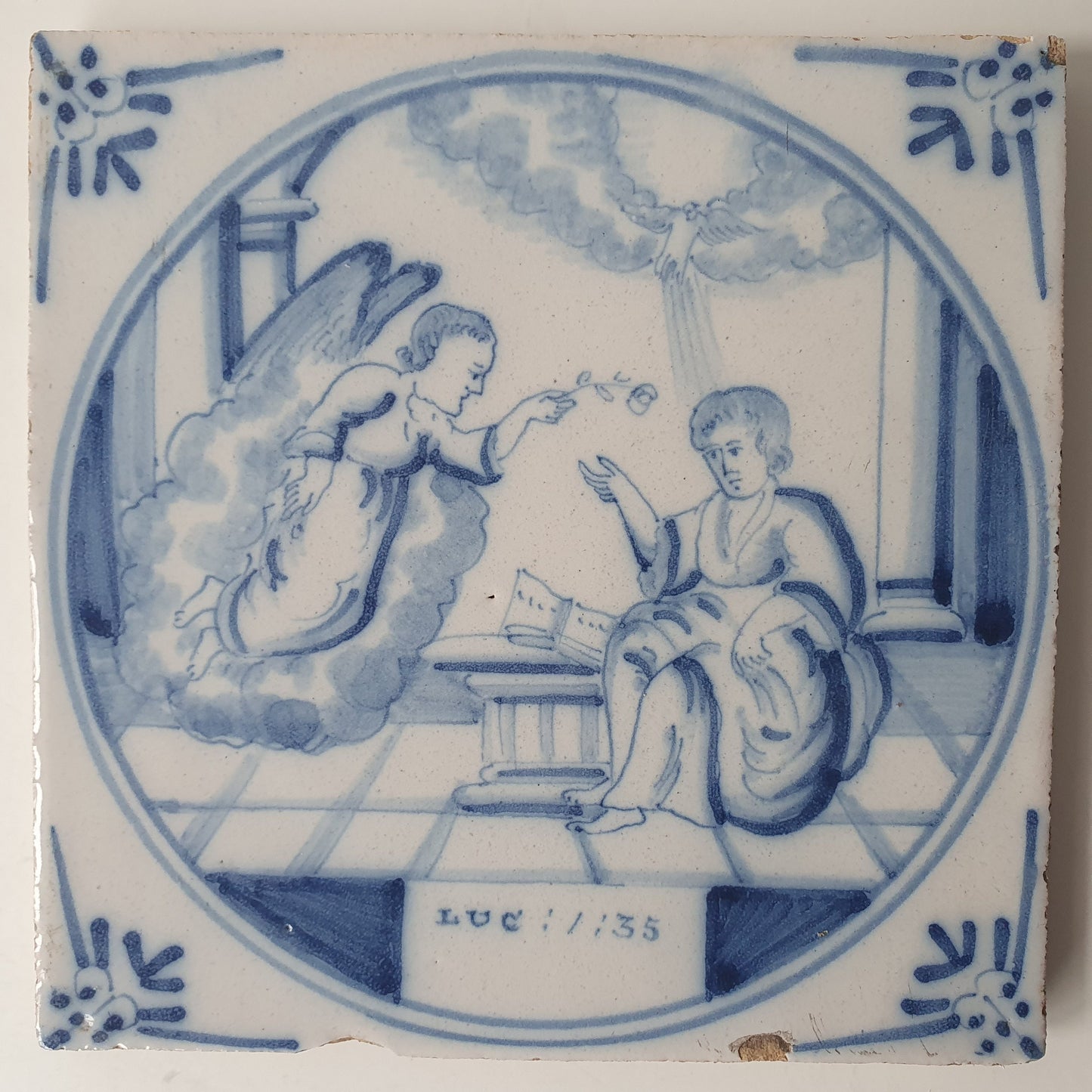 Antique Delft Blue Tile, Biblical Scene, Ox Head Corner Motif