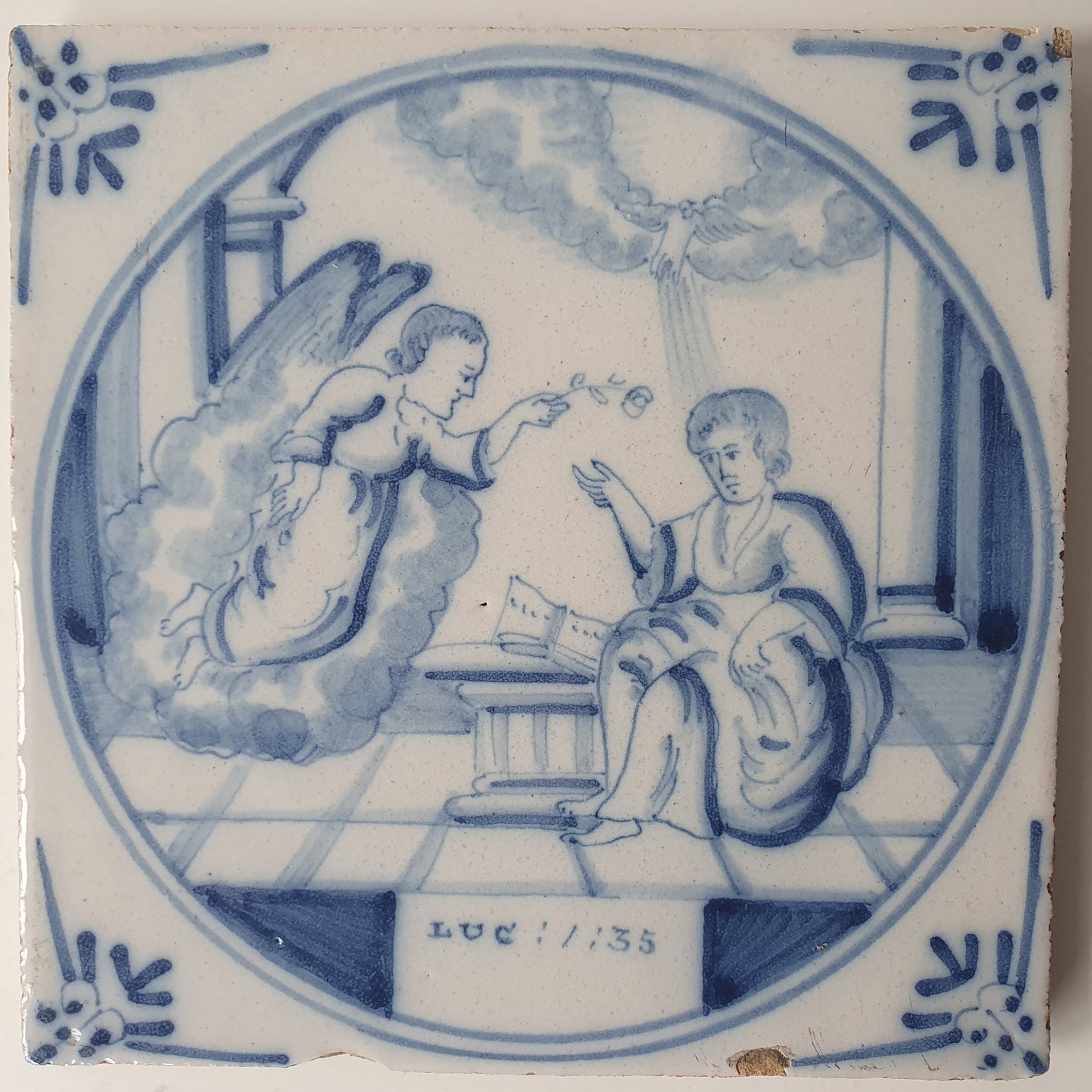 Antique Delft Blue Tile, Biblical Scene, Ox Head Corner Motif