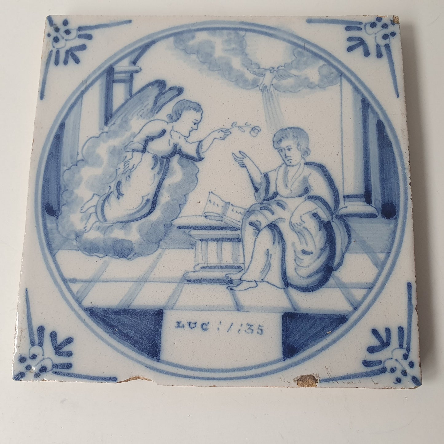 Antique Delft Blue Tile, Biblical Scene, Ox Head Corner Motif