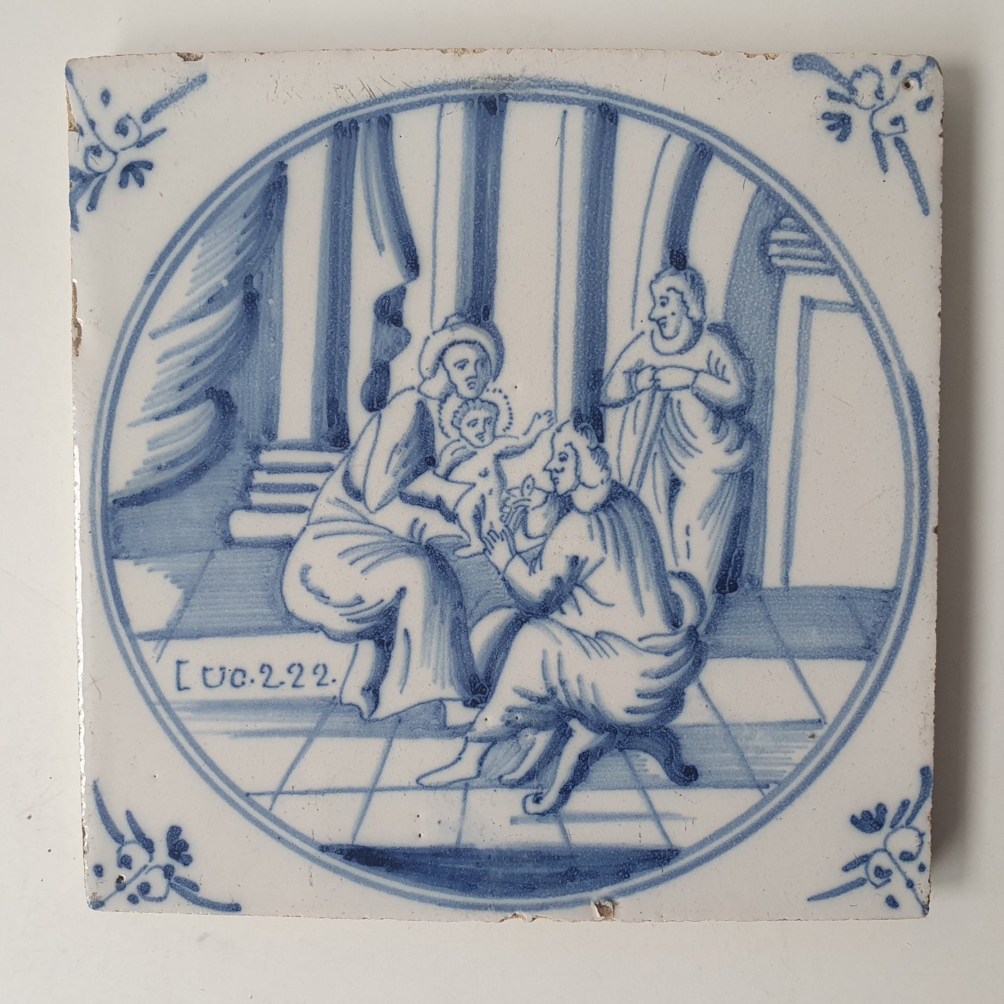 Antique Delft Blue Tile, Biblical Scene, Ox Head Motif, ca 1840