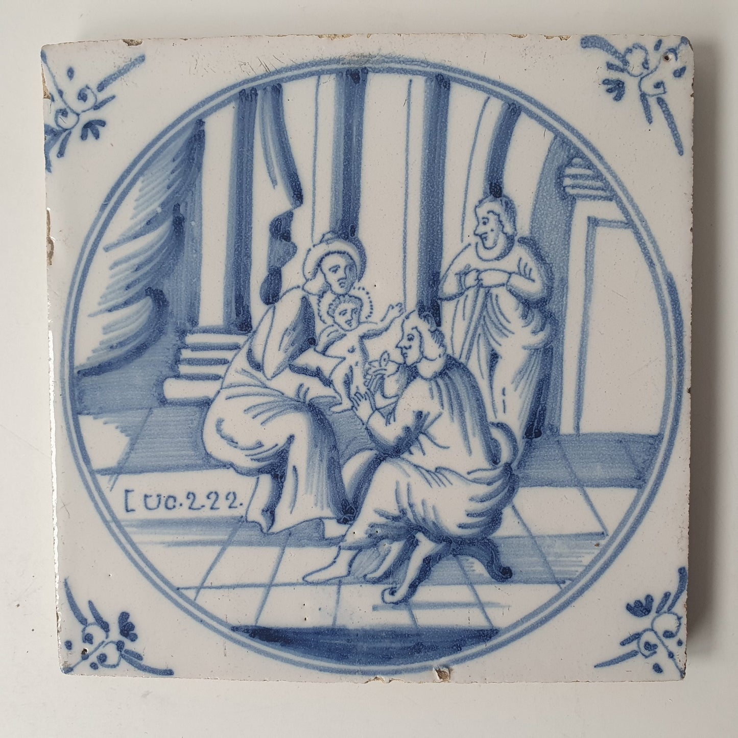 Antique Delft Blue Tile, Biblical Scene, Ox Head Motif, ca 1840