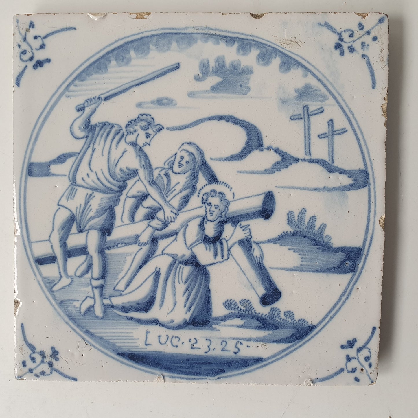 Antique Delft Blue Tile, Biblical Scene, Ox Head Motif, 1840