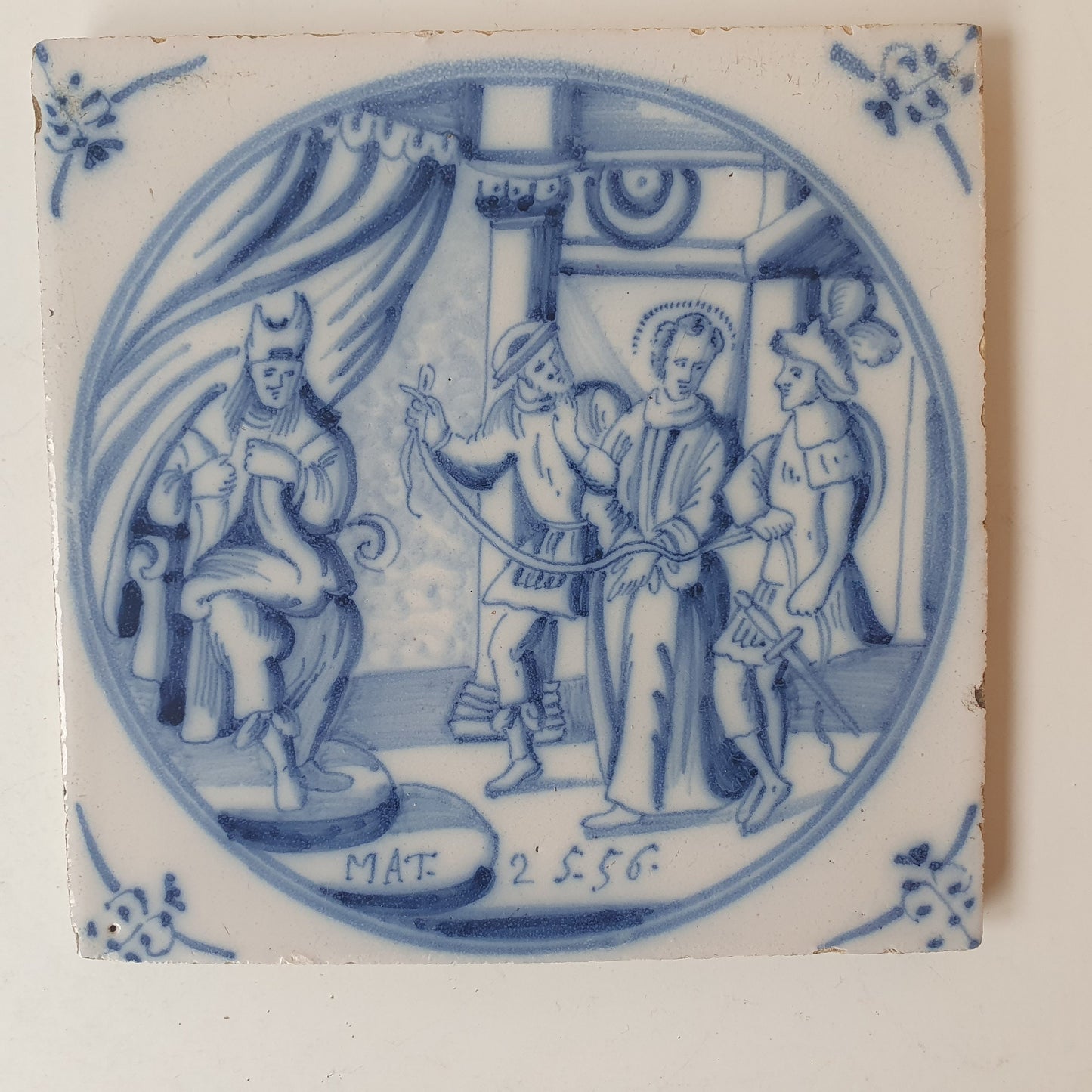 Antique Delft Blue Tile, Biblical Scene, Oxhead Motif, 1840