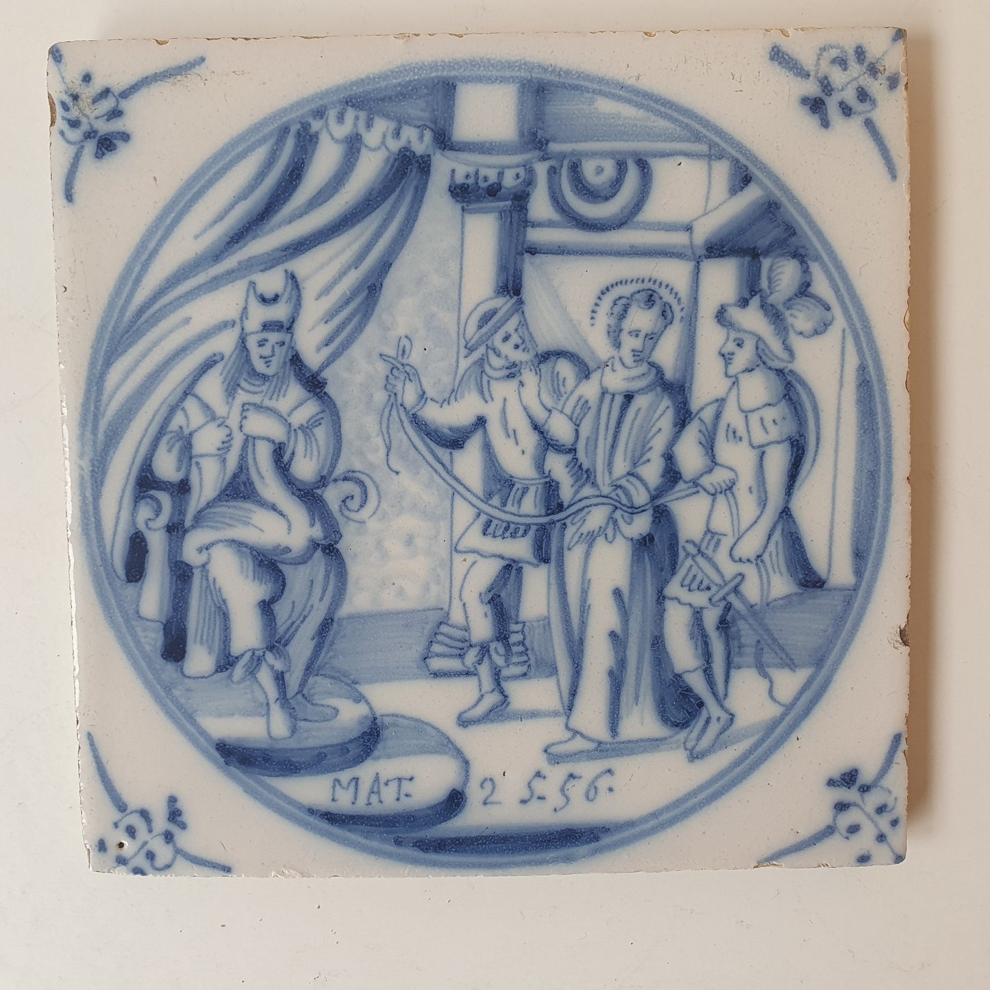 Antique Delft Blue Tile, Biblical Scene, Oxhead Motif, 1840