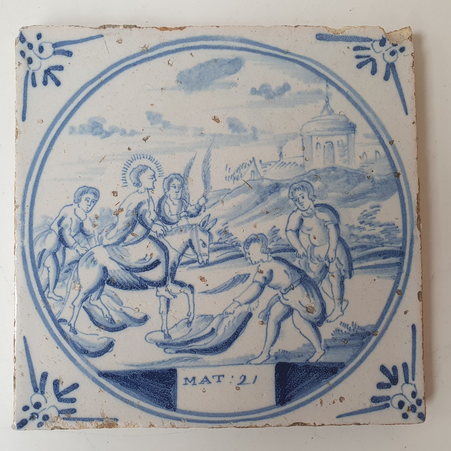Antique Delft Blue Tile, Biblical Scene, Ox Head Motif, ca. 1840