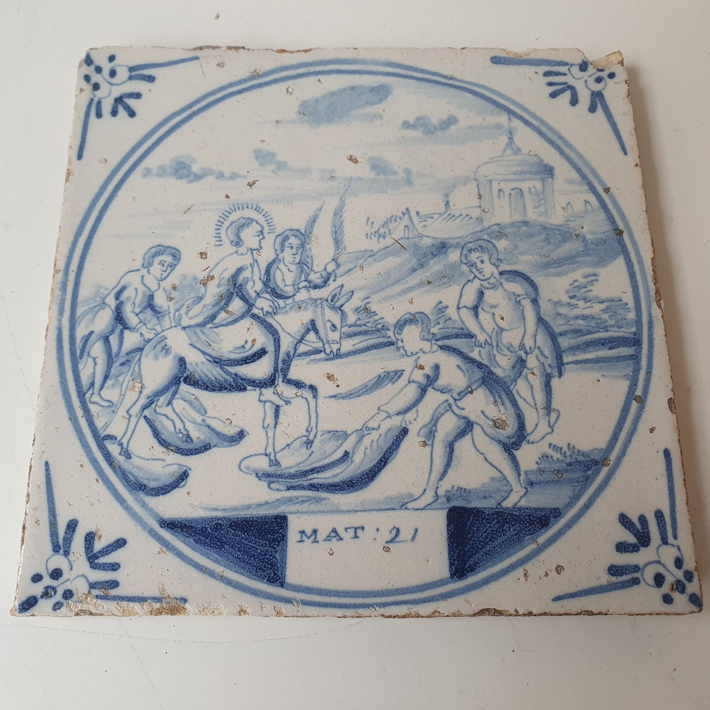 Antique Delft Blue Tile, Biblical Scene, Ox Head Motif, ca. 1840