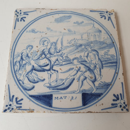 Antique Delft Blue Tile, Biblical Scene, Ox Head Motif, ca. 1840