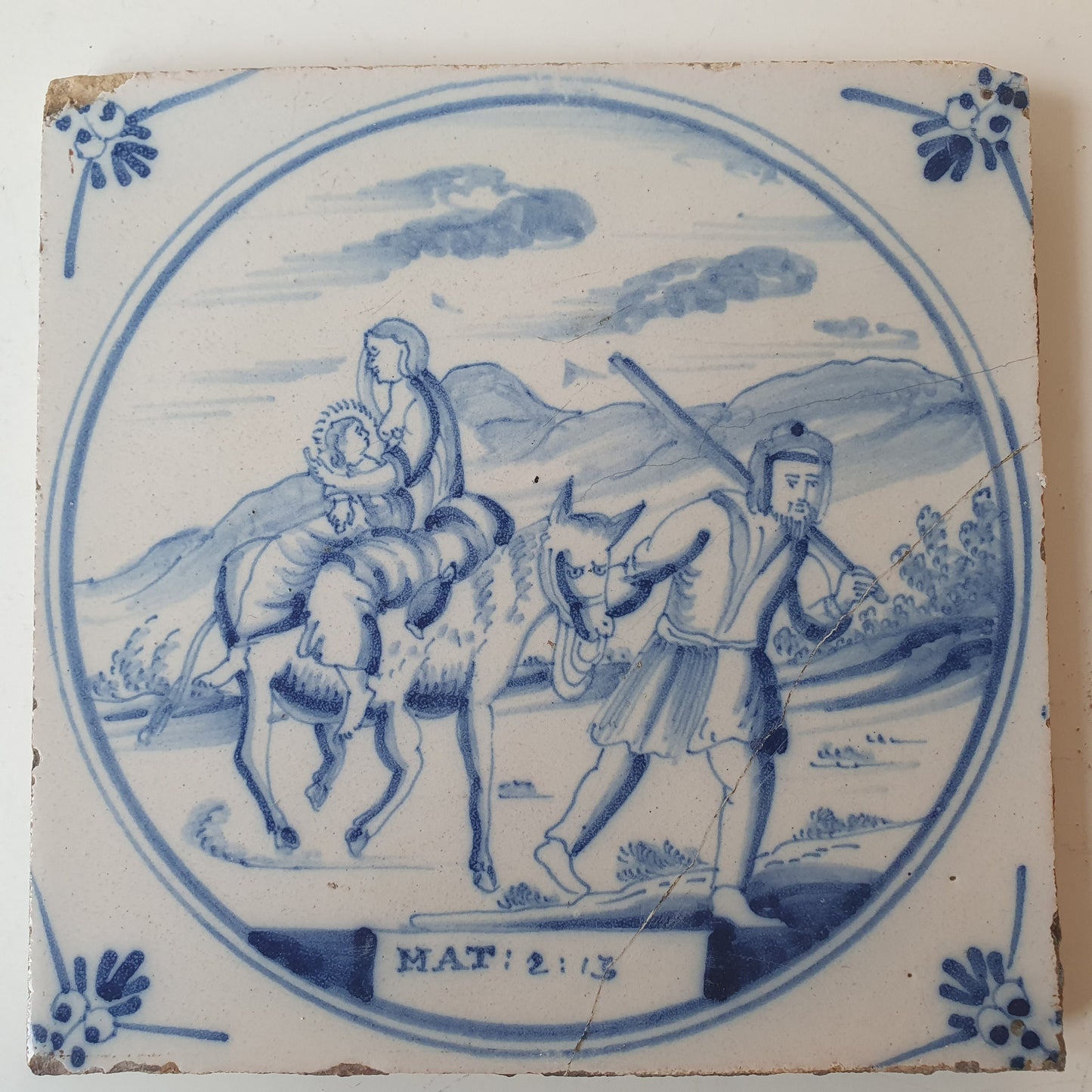 Antique Delft Blue Tile, Biblical Scene, Oxhead Corner Motif, 1840