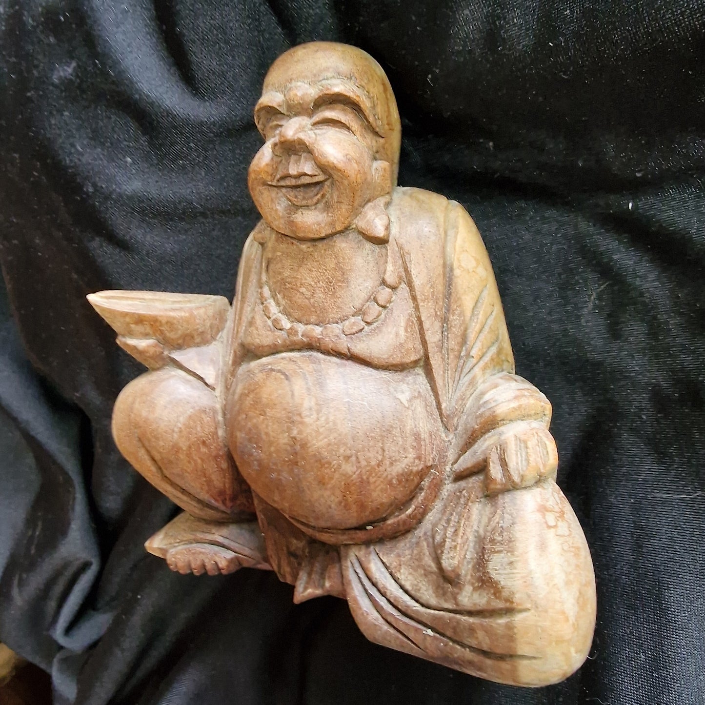 Vintage Hand Carved Wooden Buddha Statue, Folk Art Figurine