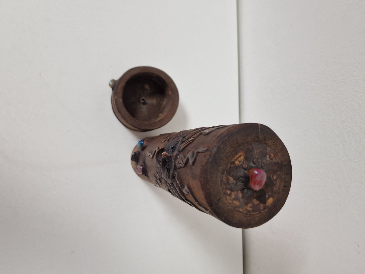 Vintage Wood Censer with Gems, Creole Tribal Sun Design