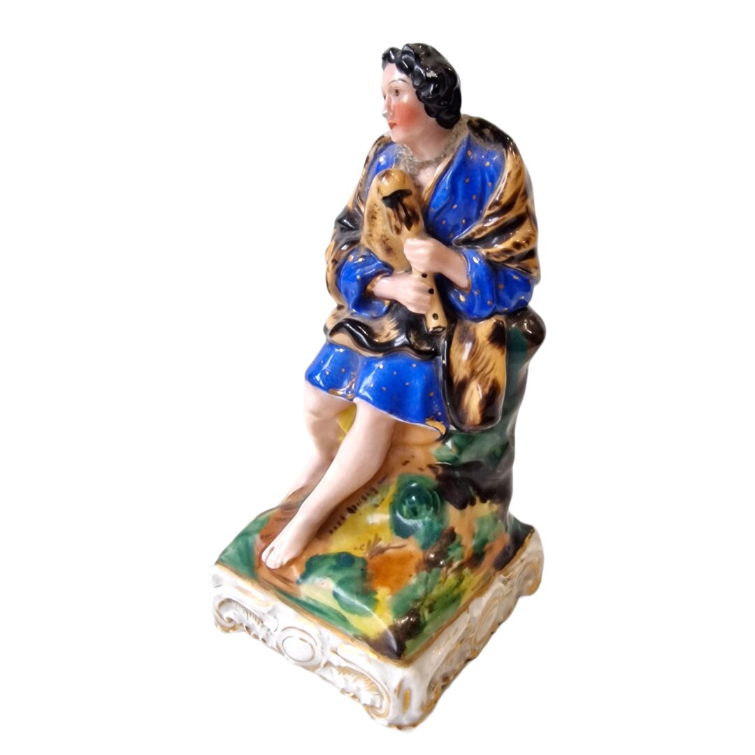 Antique Staffordshire Porcelain Figurine, Scottish Noble Woman with Bagpipe