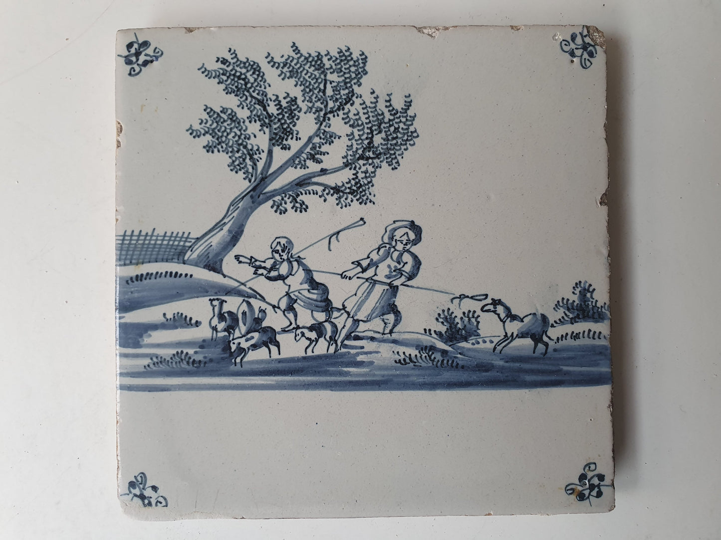Antique Dutch Delft Tile, Holland Landscape Scene, ca 1700 AD