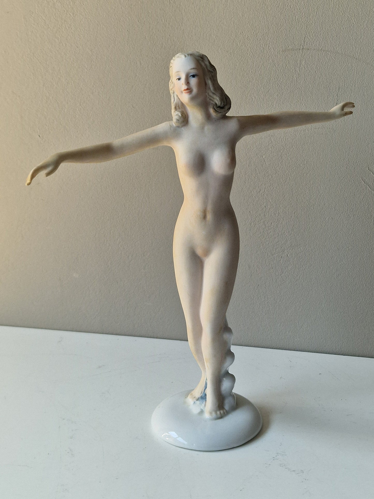 Hand-Painted German Biscuit Porcelain Figurine, Jugendstil Girl Statue, 24cm