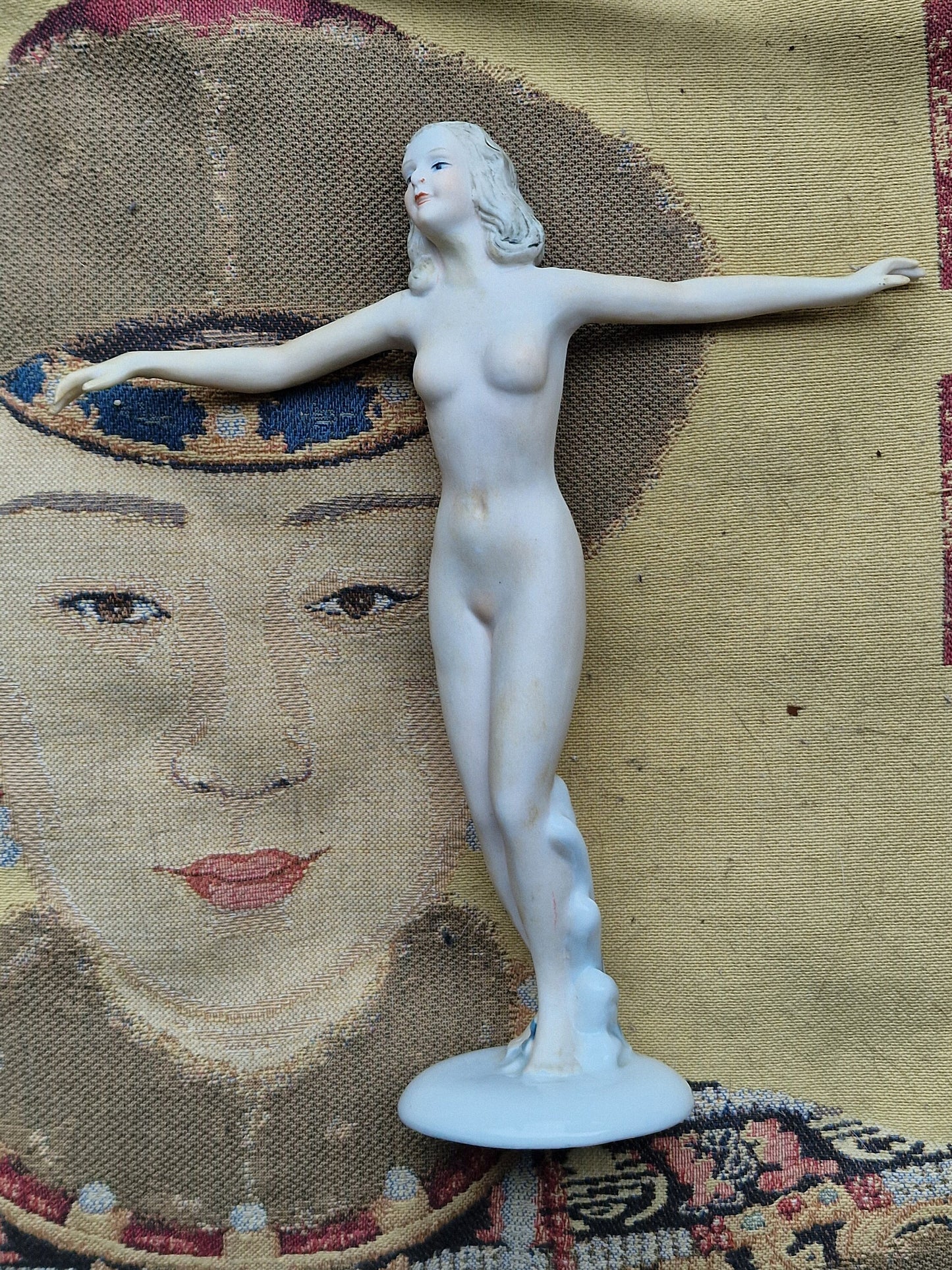 Hand-Painted German Biscuit Porcelain Figurine, Jugendstil Girl Statue, 24cm
