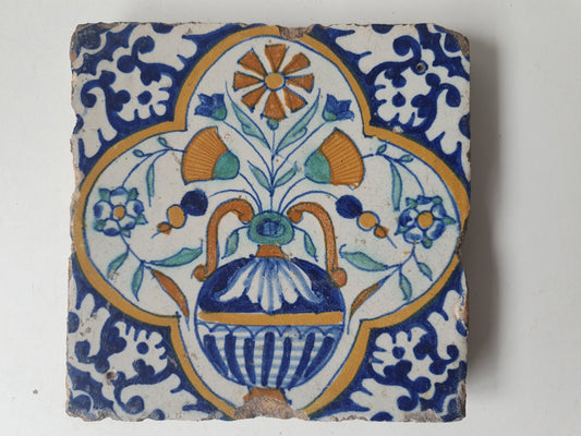 Antique Dutch Tile – 17th Century Polychrome Floral Amphora