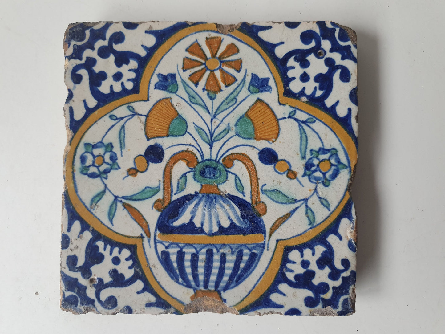 Antique Dutch Tile – 17th Century Polychrome Floral Amphora