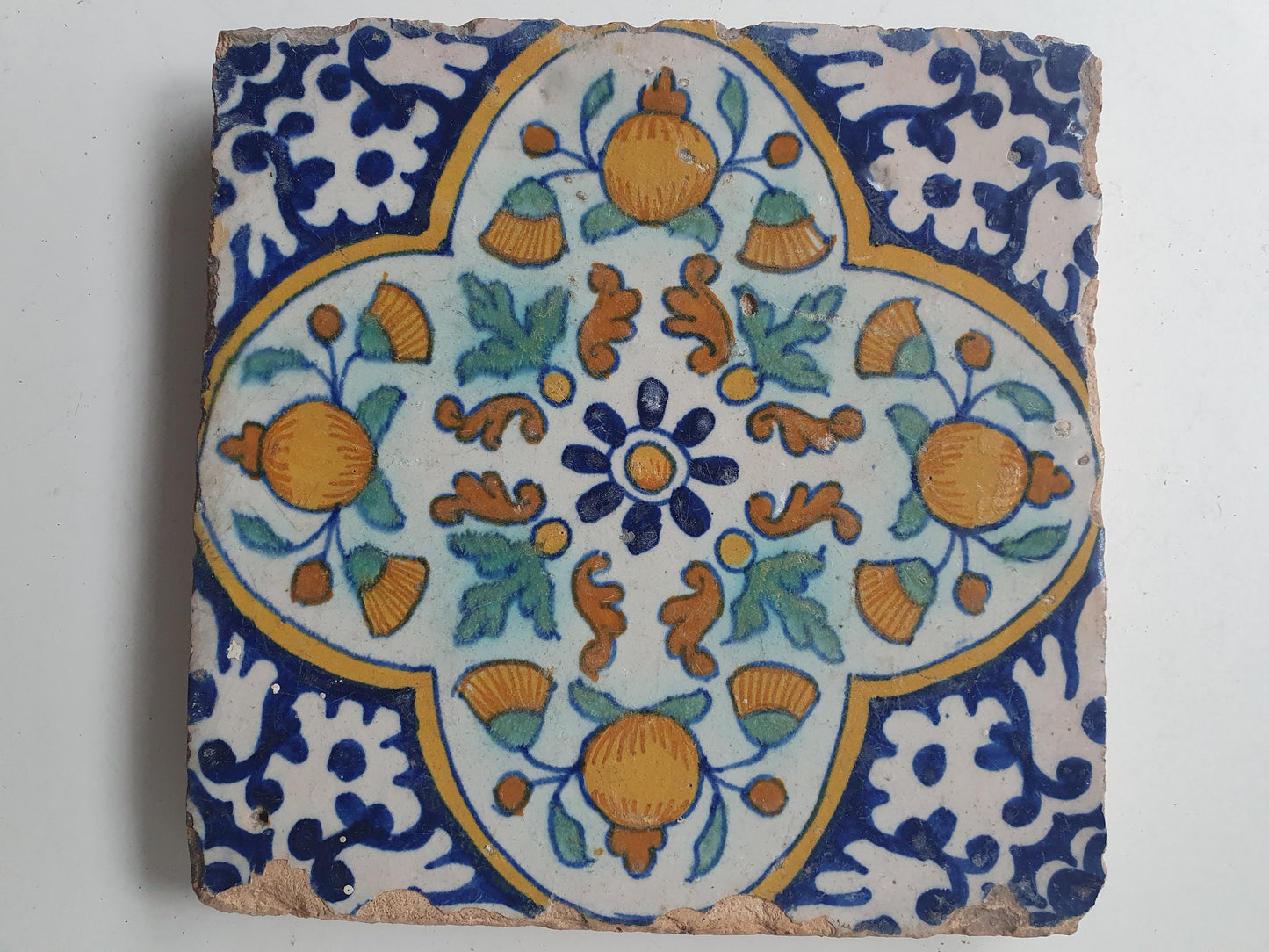 Antique Dutch Tile, Polychrome Floral Tile, Circa 1600 AD
