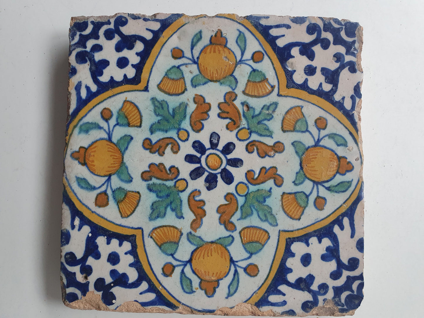 Antique Dutch Tile, Polychrome Floral Tile, Circa 1600 AD