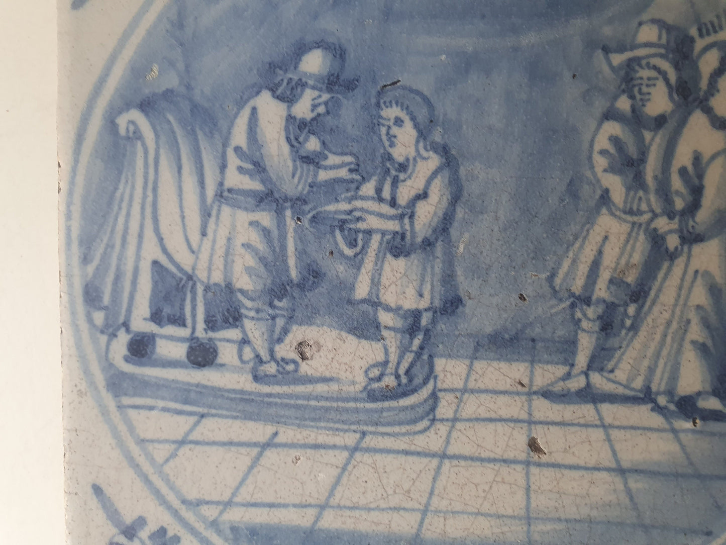 Antique Delft Blue Tile, Biblical Scene, Dutch Oxhead Corner Motif