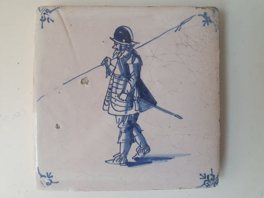 Antique Delft Tile, 17th Century Dutch Soldier, Oxhead Motif