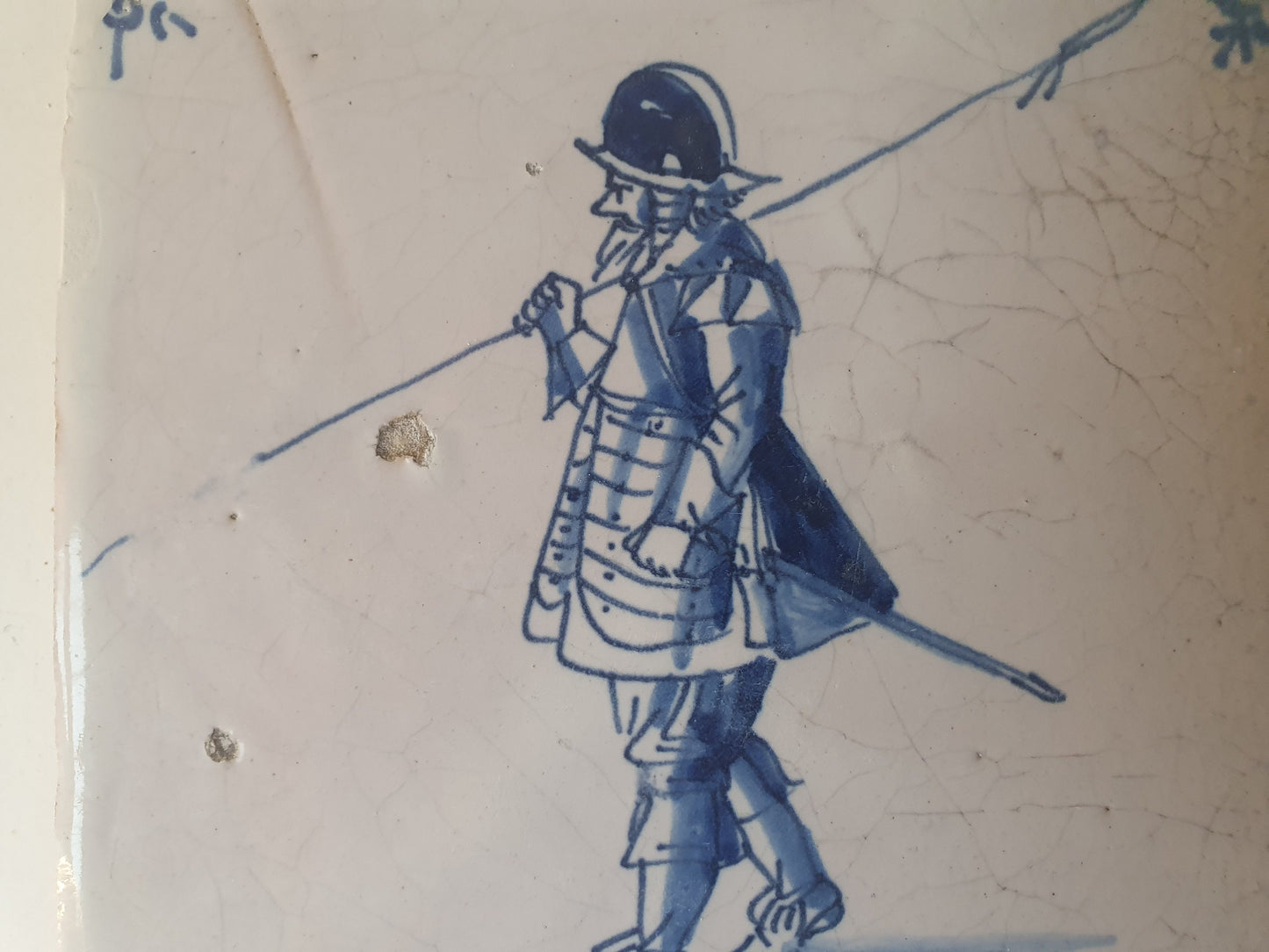 Antique Delft Tile, 17th Century Dutch Soldier, Oxhead Motif