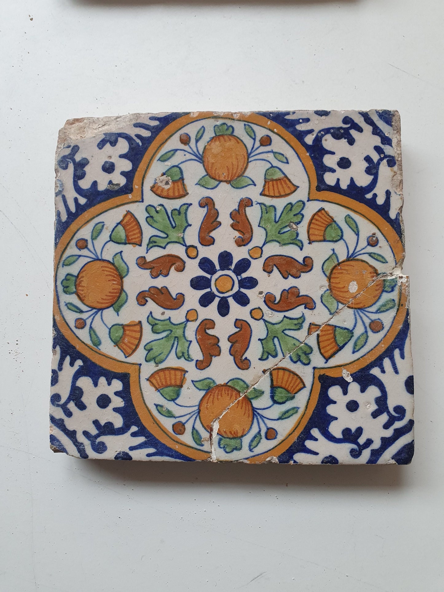 Antique Dutch Tile – 17th Century Polychrome Pomegranate Ornament
