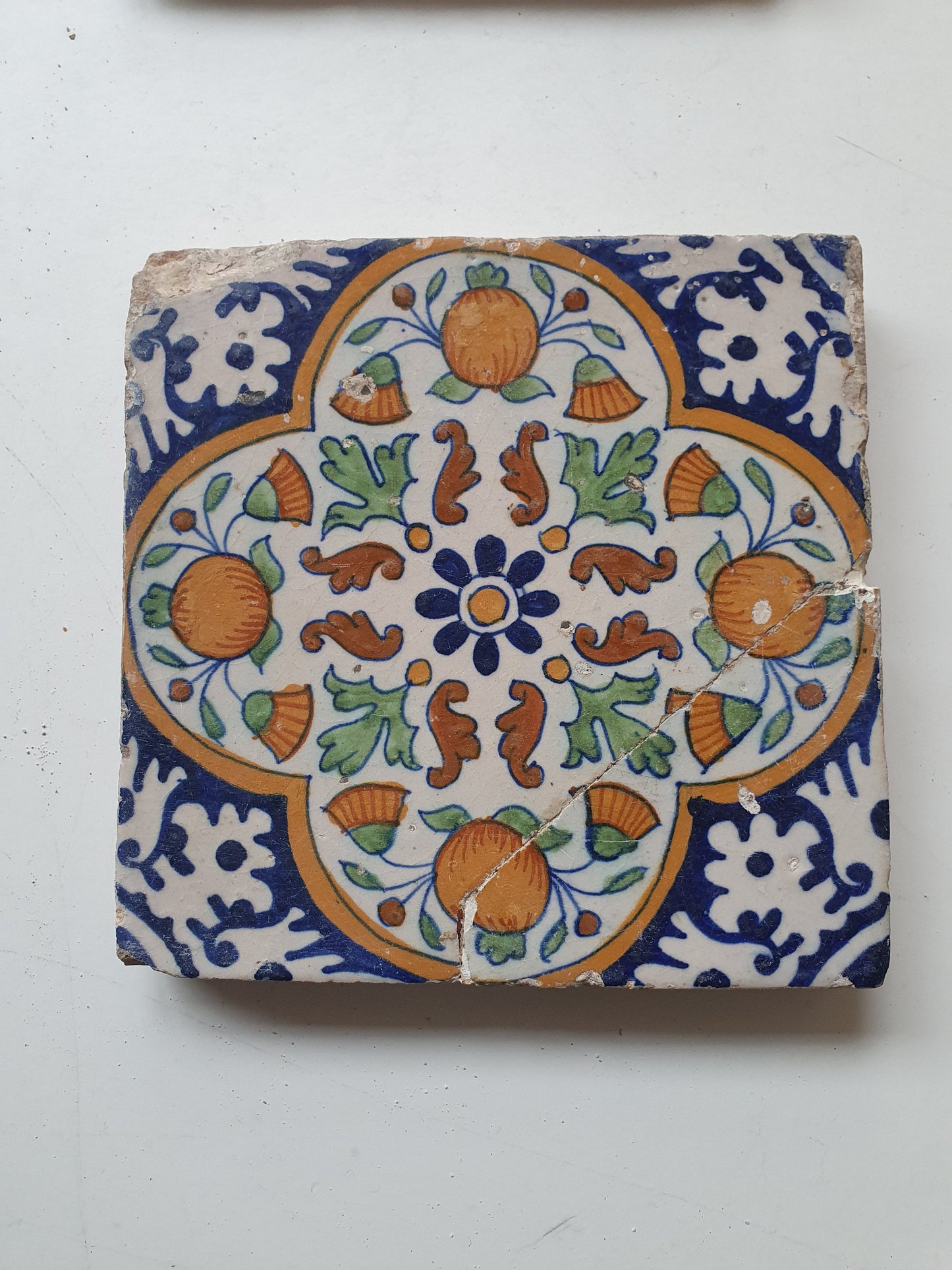 Antique Dutch Tile – 17th Century Polychrome Pomegranate Ornament