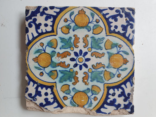 Antique Dutch Tile – 17th Century Polychrome Pomegranate Ornament