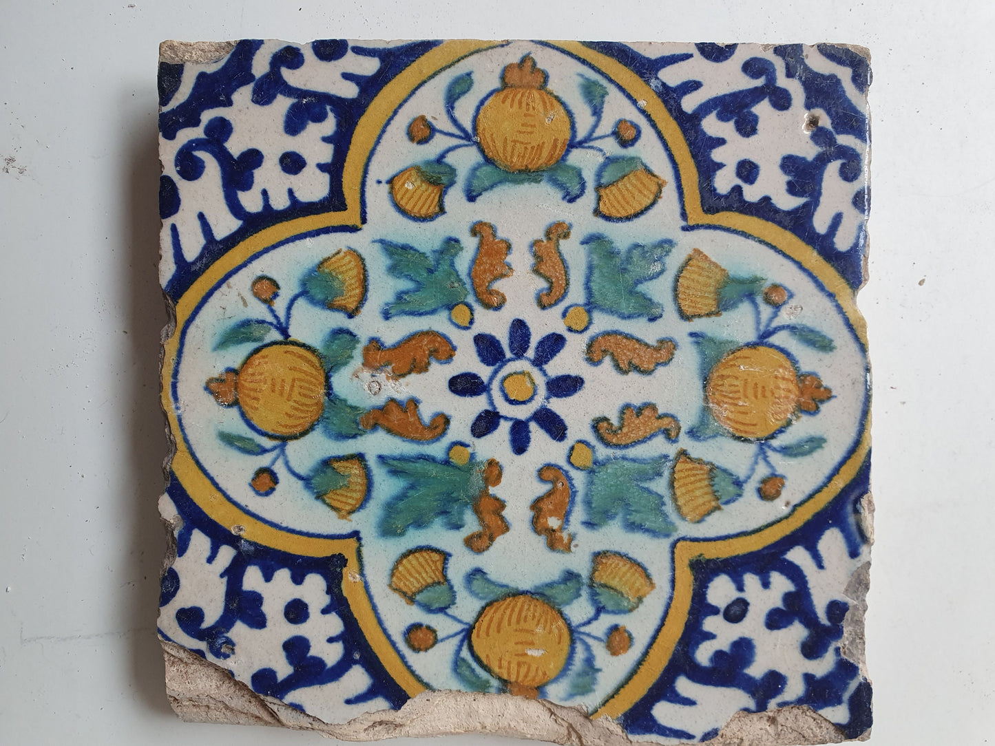 Antique Dutch Tile – 17th Century Polychrome Pomegranate Ornament