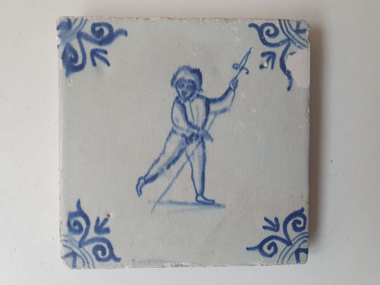 Antique Dutch Tile - 1640 Child with Javelin, Ossenkop Motif