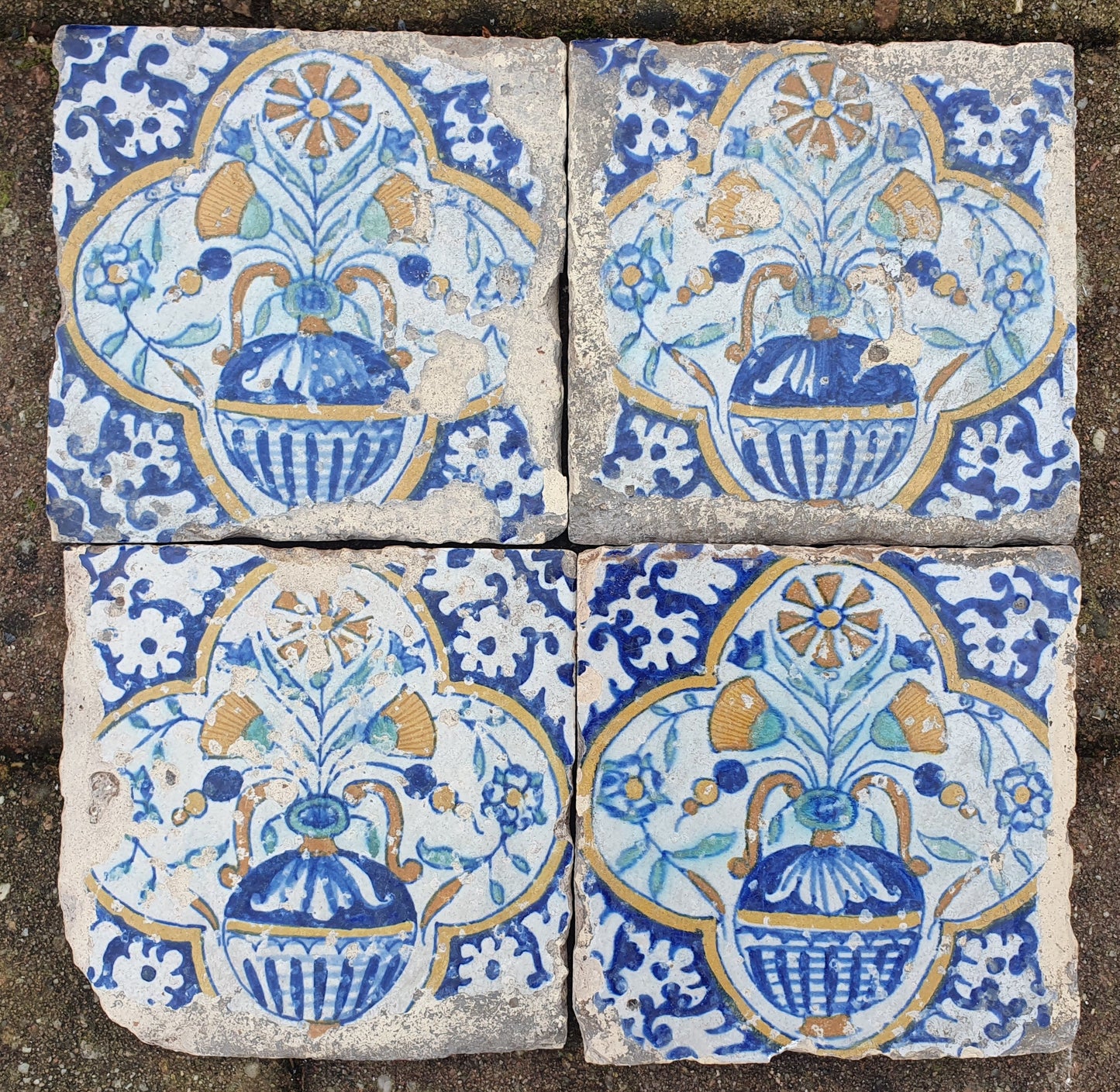 Antique Dutch Delft Tiles – 17th Century Polychrome Floral (Set of 4)