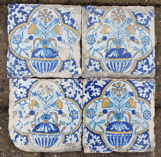 Antique Dutch Delft Tiles – 17th Century Polychrome Floral (Set of 4)