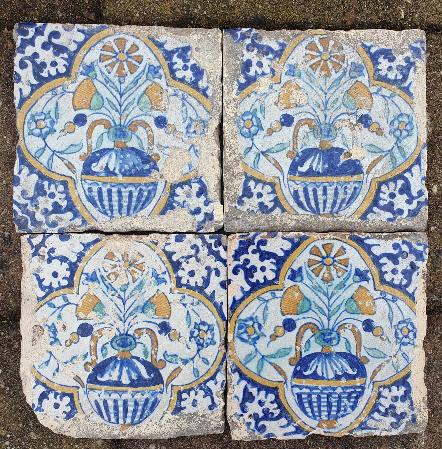 Antique Dutch Delft Tiles – 17th Century Polychrome Floral (Set of 4)