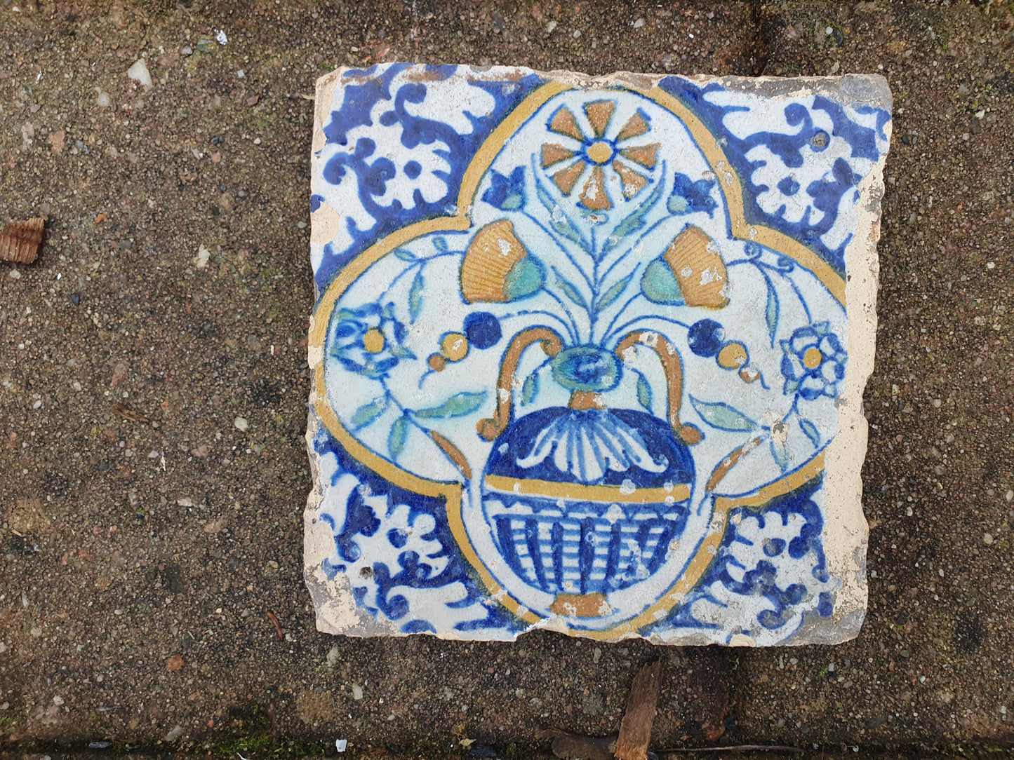 Antique Dutch Delft Tiles – 17th Century Polychrome Floral (Set of 4)